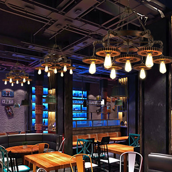 Rustic Brown Iron & Wood Circular Gear Chandelier for Restaurant Lighting
