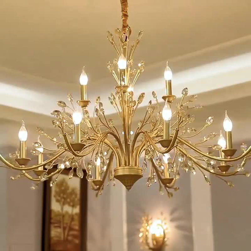 Elegant French Iron & Crystal Branch-Shape Chandelier for Living Room