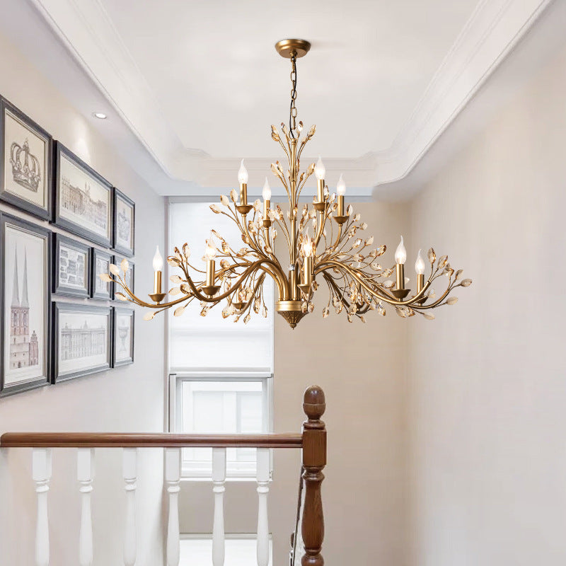 Elegant French Iron & Crystal Branch-Shape Chandelier for Living Room