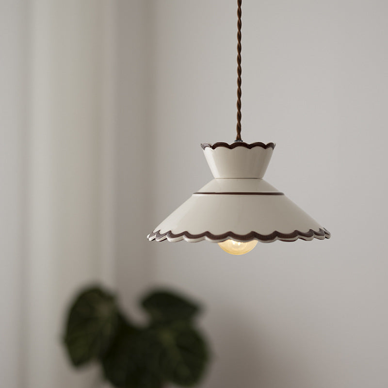 Rustic White Ceramic & Iron Cone Pendant Light for Bedroom Living Room