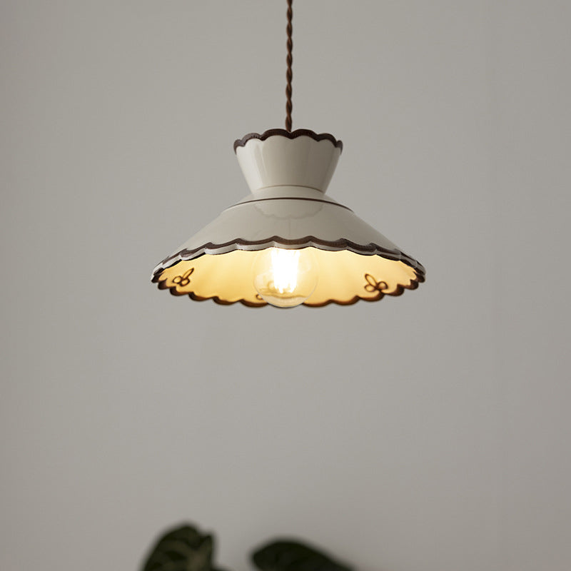Rustic White Ceramic & Iron Cone Pendant Light for Bedroom Living Room