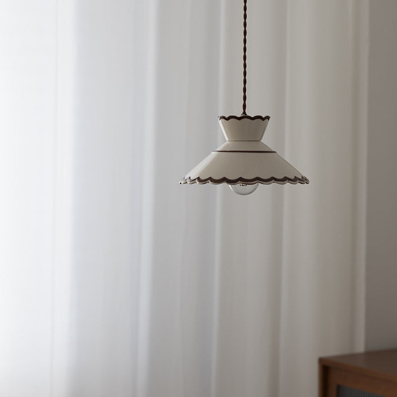 Rustic White Ceramic & Iron Cone Pendant Light for Bedroom Living Room