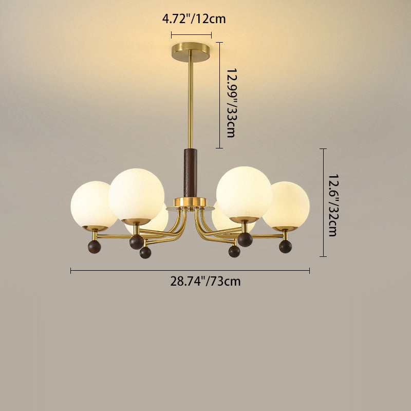 Mid-Century Modern Round Wood Glass Iron Chandelier for Bedroom Living Room