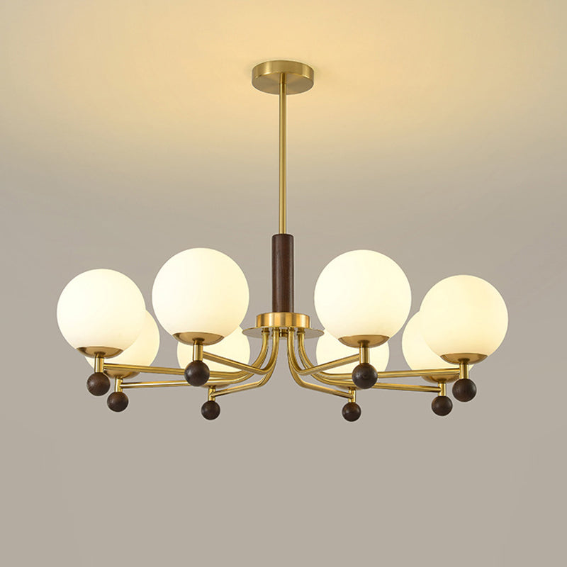 Mid-Century Modern Round Wood Glass Iron Chandelier for Bedroom Living Room