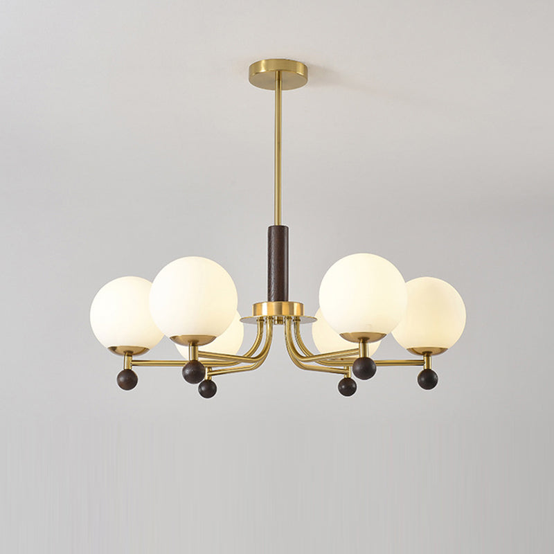 Mid-Century Modern Round Wood Glass Iron Chandelier for Bedroom Living Room