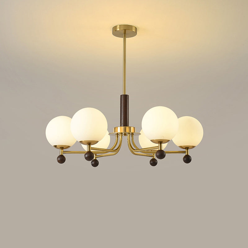 Mid-Century Modern Round Wood Glass Iron Chandelier for Bedroom Living Room
