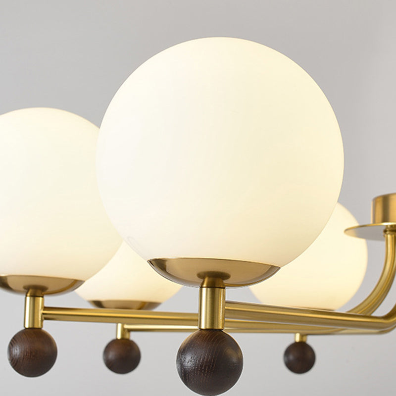 Mid-Century Modern Round Wood Glass Iron Chandelier for Bedroom Living Room