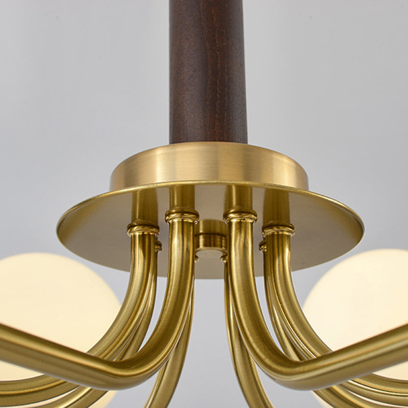 Mid-Century Modern Round Wood Glass Iron Chandelier for Bedroom Living Room