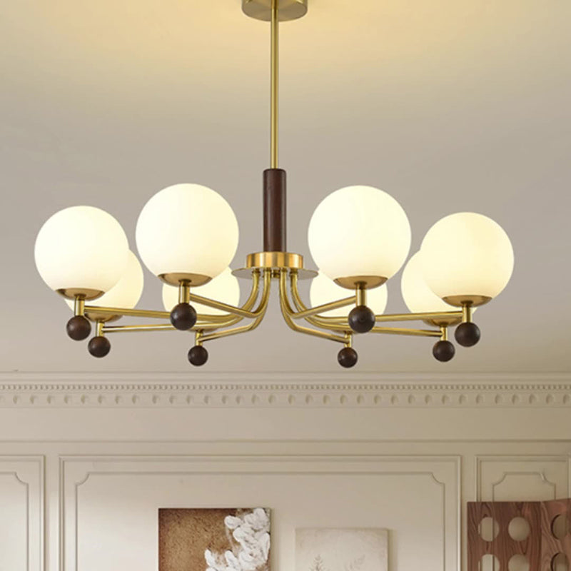 Mid-Century Modern Round Wood Glass Iron Chandelier for Bedroom Living Room