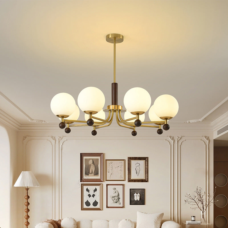 Mid-Century Modern Round Wood Glass Iron Chandelier for Bedroom Living Room