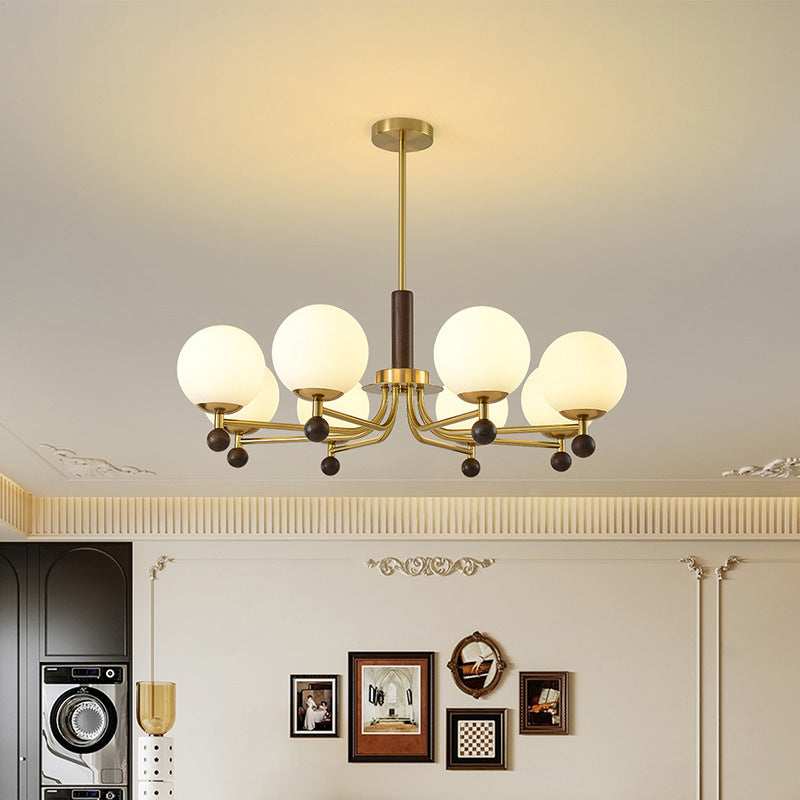 Mid-Century Modern Round Wood Glass Iron Chandelier for Bedroom Living Room
