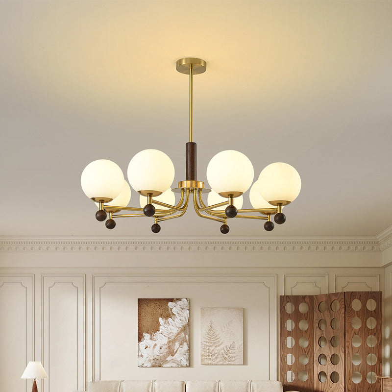 Mid-Century Modern Round Wood Glass Iron Chandelier for Bedroom Living Room