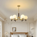 Mid-Century Modern Round Wood Glass Iron Chandelier for Bedroom Living Room