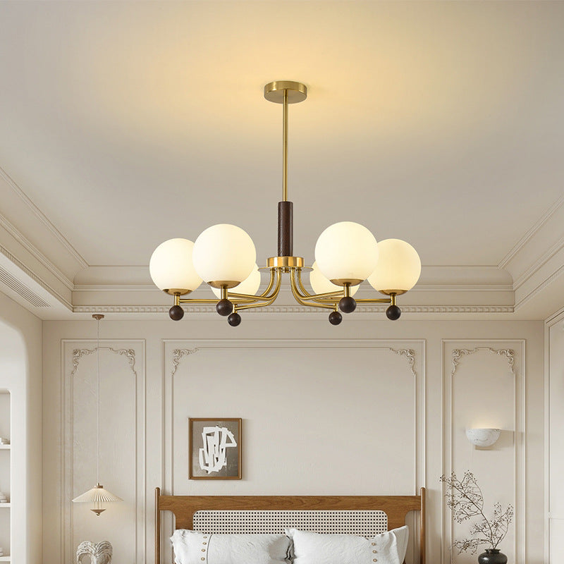 Mid-Century Modern Round Wood Glass Iron Chandelier for Bedroom Living Room