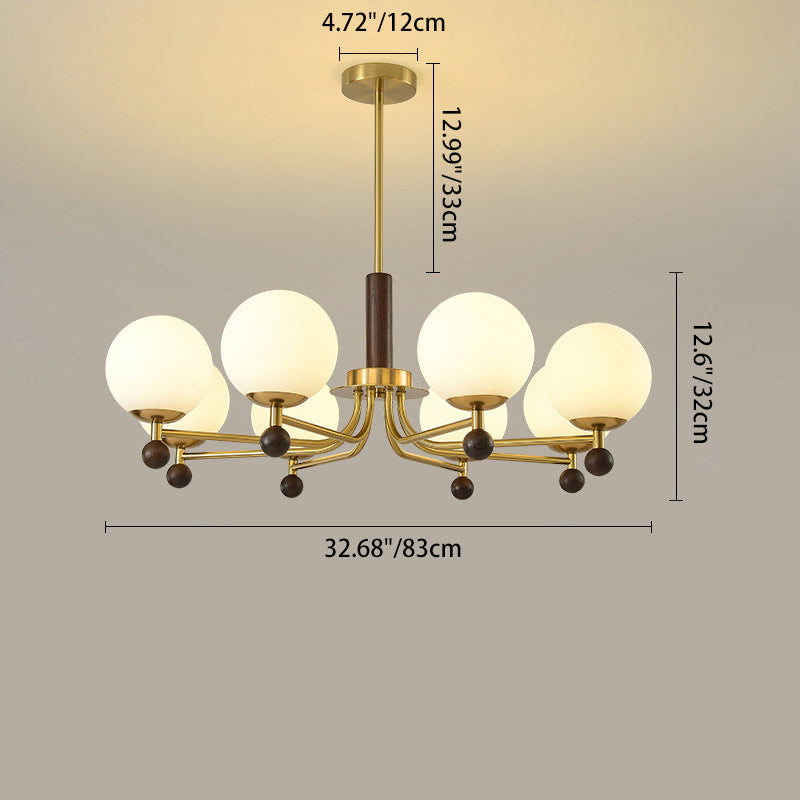 Mid-Century Modern Round Wood Glass Iron Chandelier for Bedroom Living Room