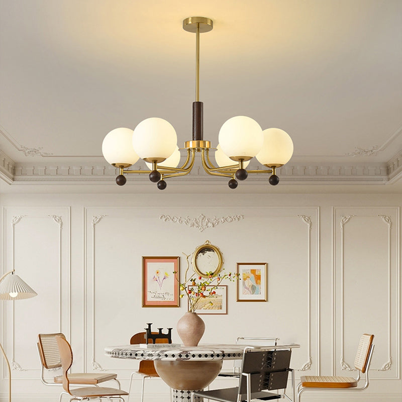 Mid-Century Modern Round Wood Glass Iron Chandelier for Bedroom Living Room