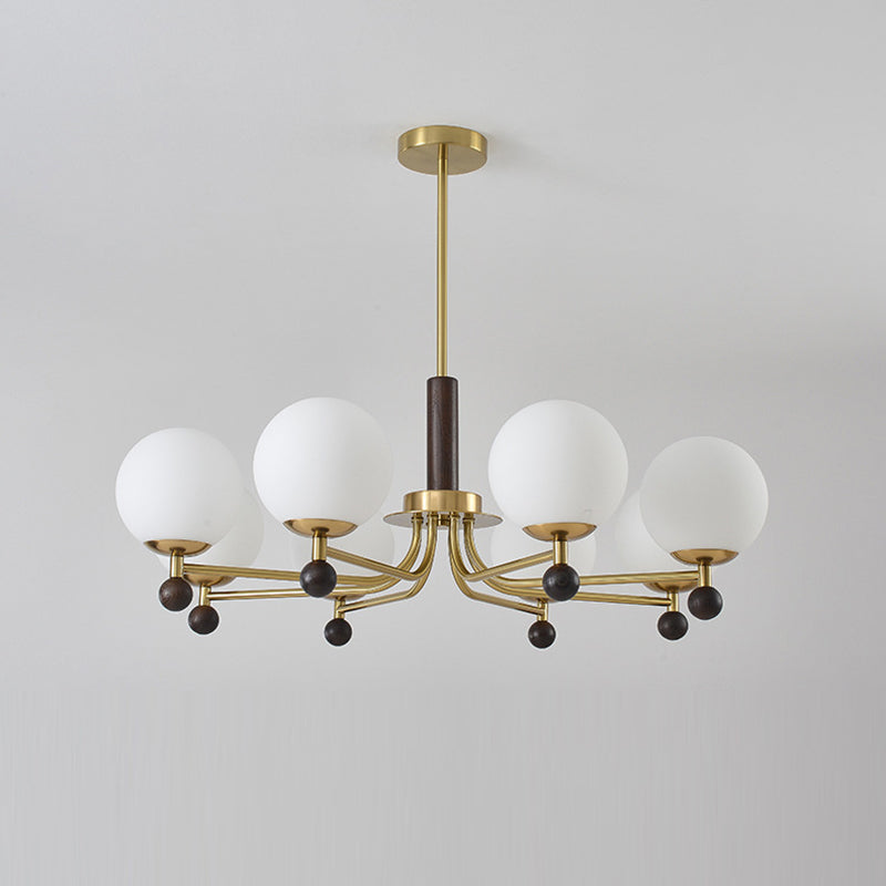 Mid-Century Modern Round Wood Glass Iron Chandelier for Bedroom Living Room