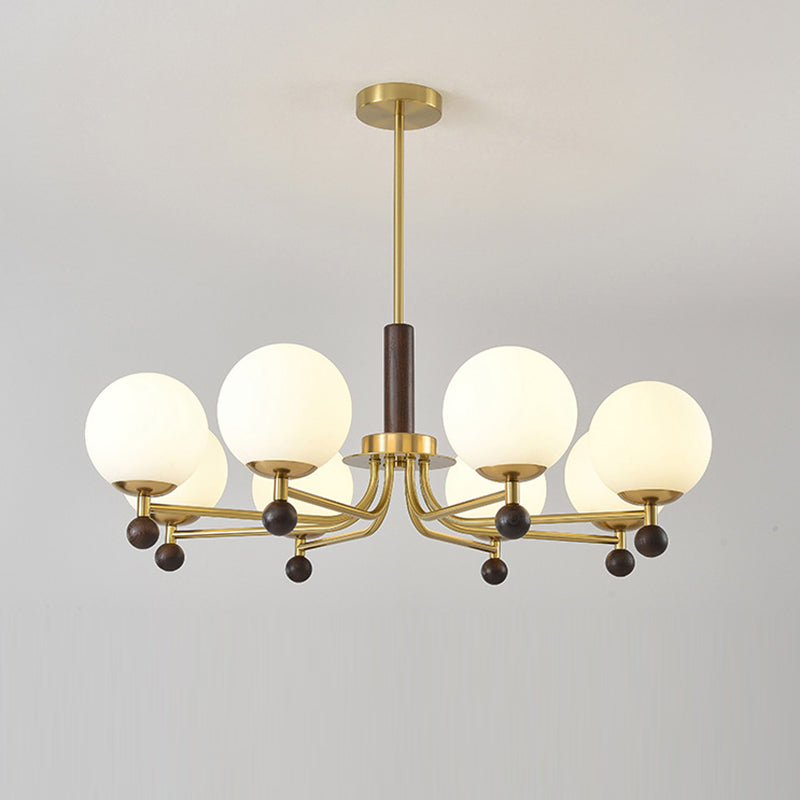 Mid-Century Modern Round Wood Glass Iron Chandelier for Bedroom Living Room