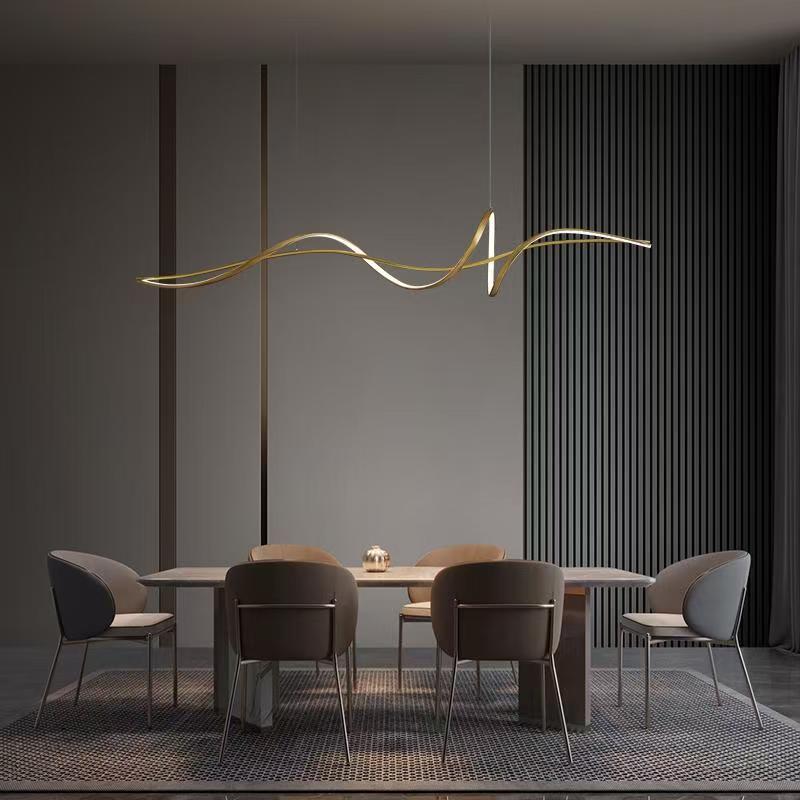 Modern Curved Linear LED Chandelier in Aluminum & Iron for Dining Room