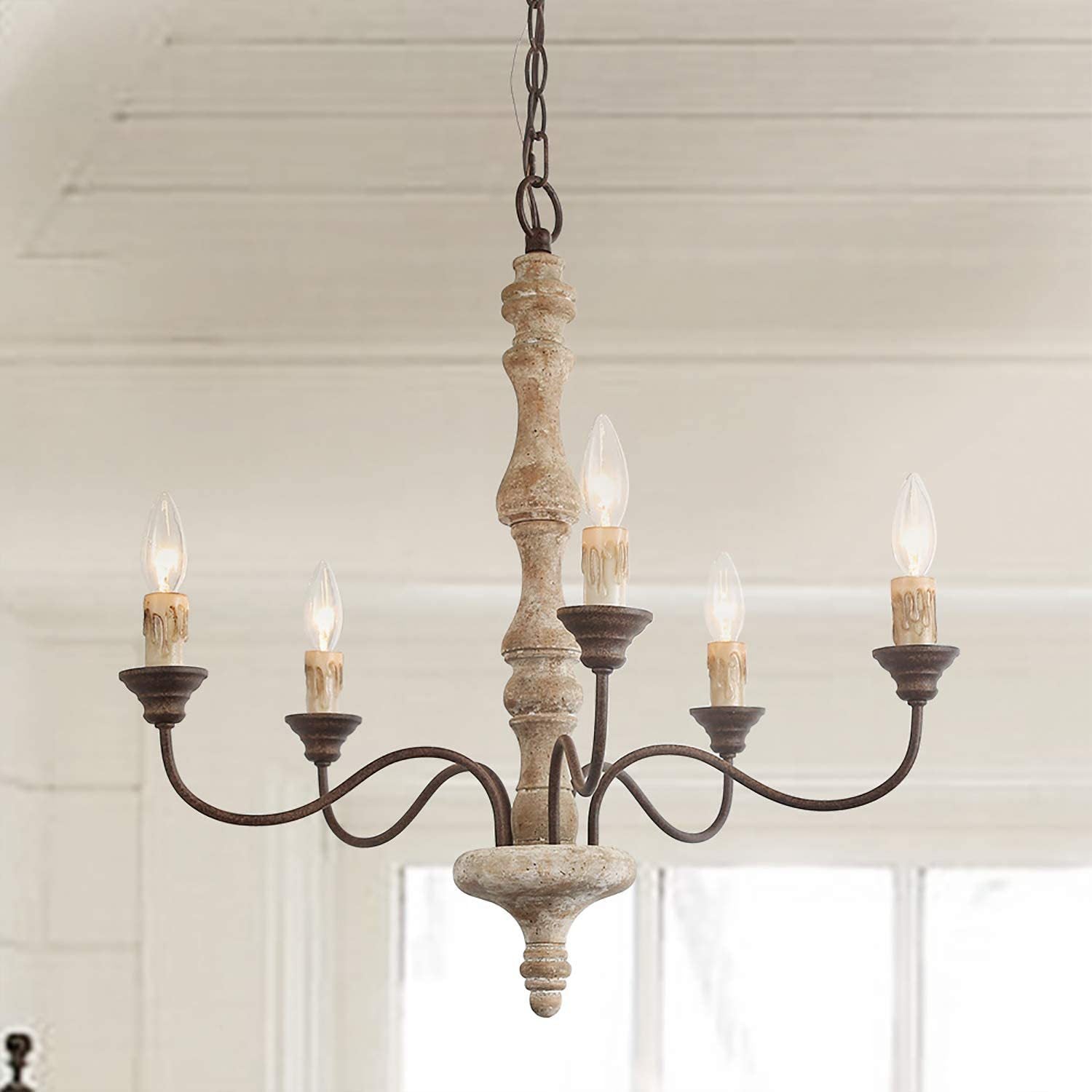 Rustic Wood and Iron 5-Light Round Chandelier for Farmhouse Living Room