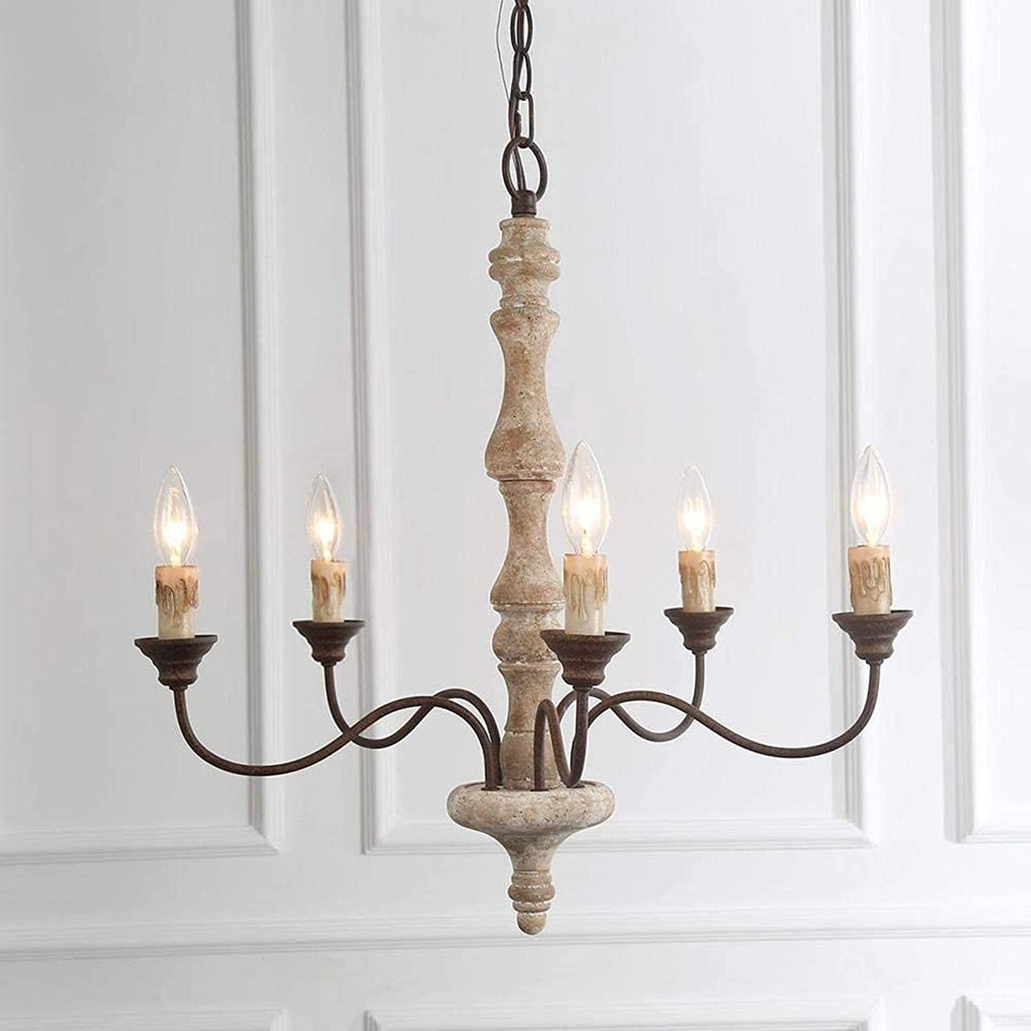 Rustic Wood and Iron 5-Light Round Chandelier for Farmhouse Living Room