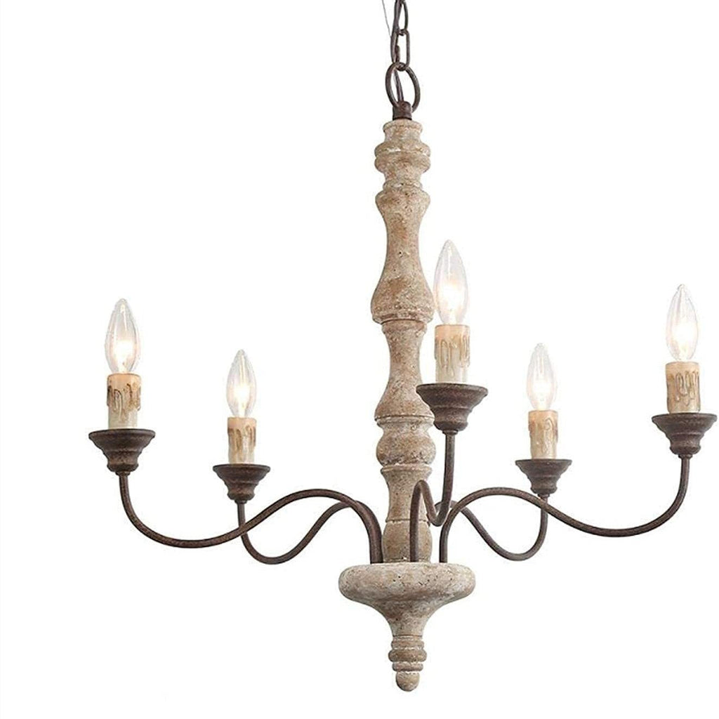 Rustic Wood and Iron 5-Light Round Chandelier for Farmhouse Living Room
