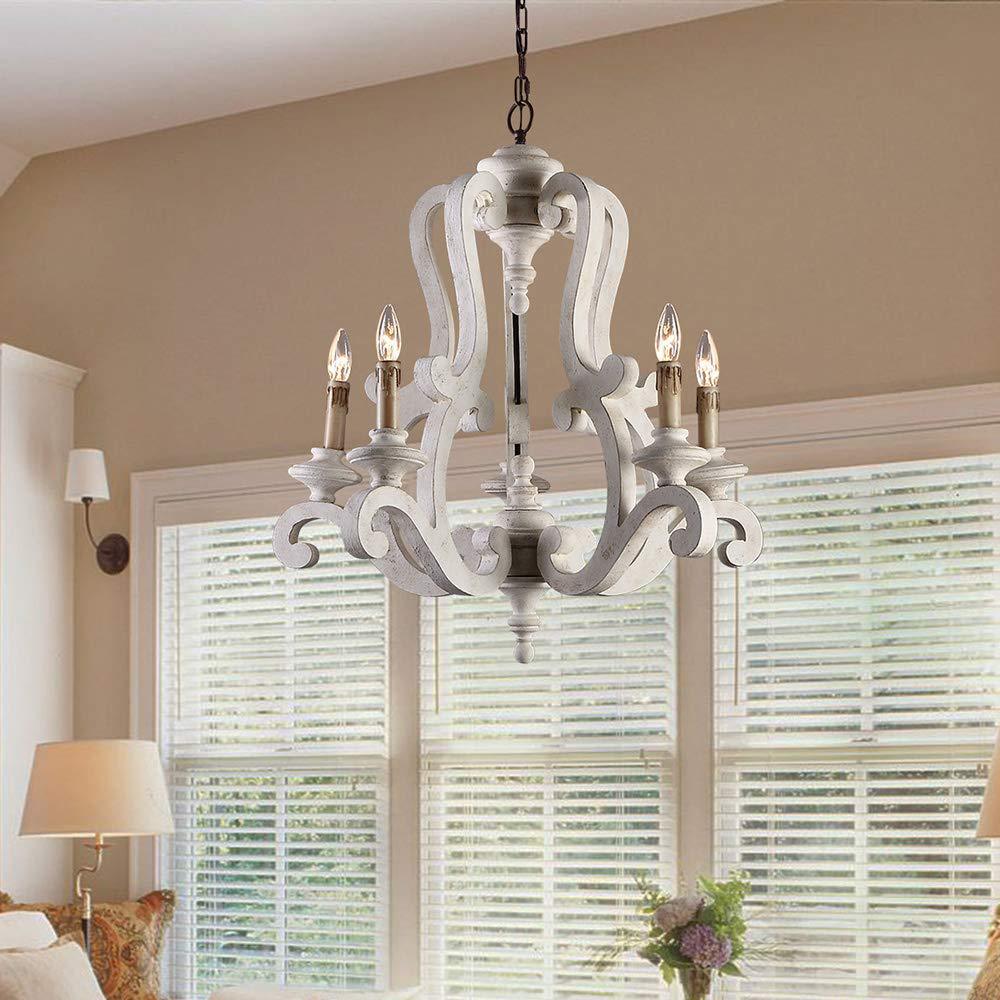 Rustic Wood & Metal Branch 5-Light Chandelier for Farmhouse Living Room