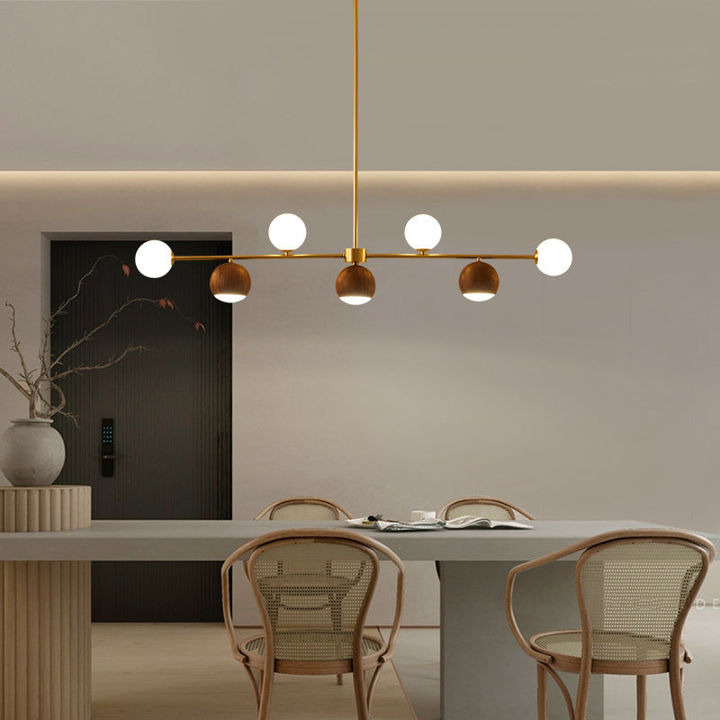 Nordic Walnut Brass Glass LED Chandelier for Dining Room Island Light