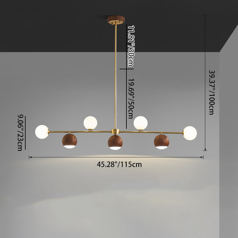 Nordic Walnut Brass Glass LED Chandelier for Dining Room Island Light