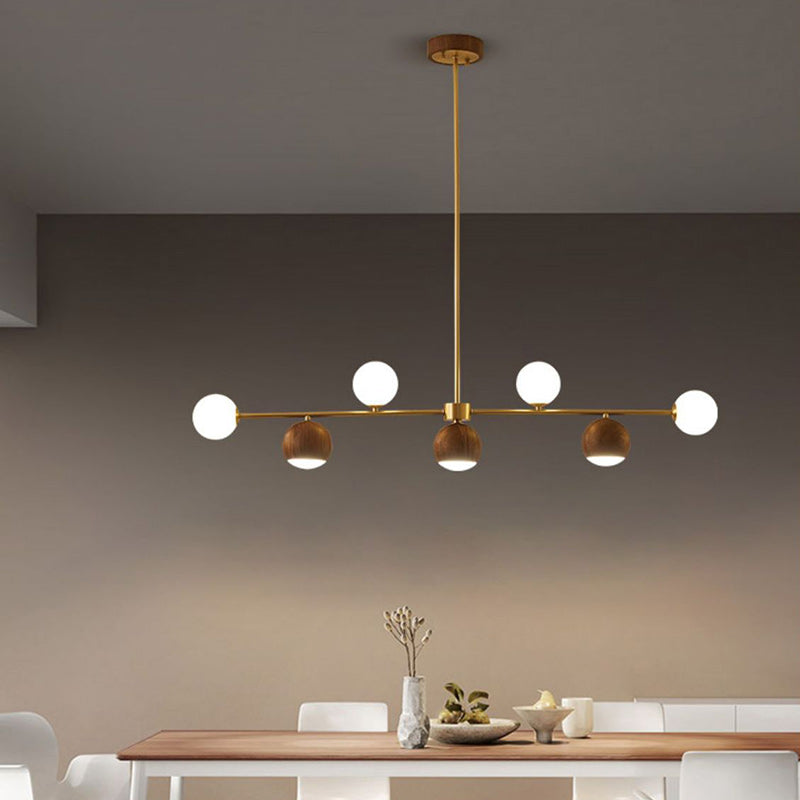 Nordic Walnut Brass Glass LED Chandelier for Dining Room Island Light