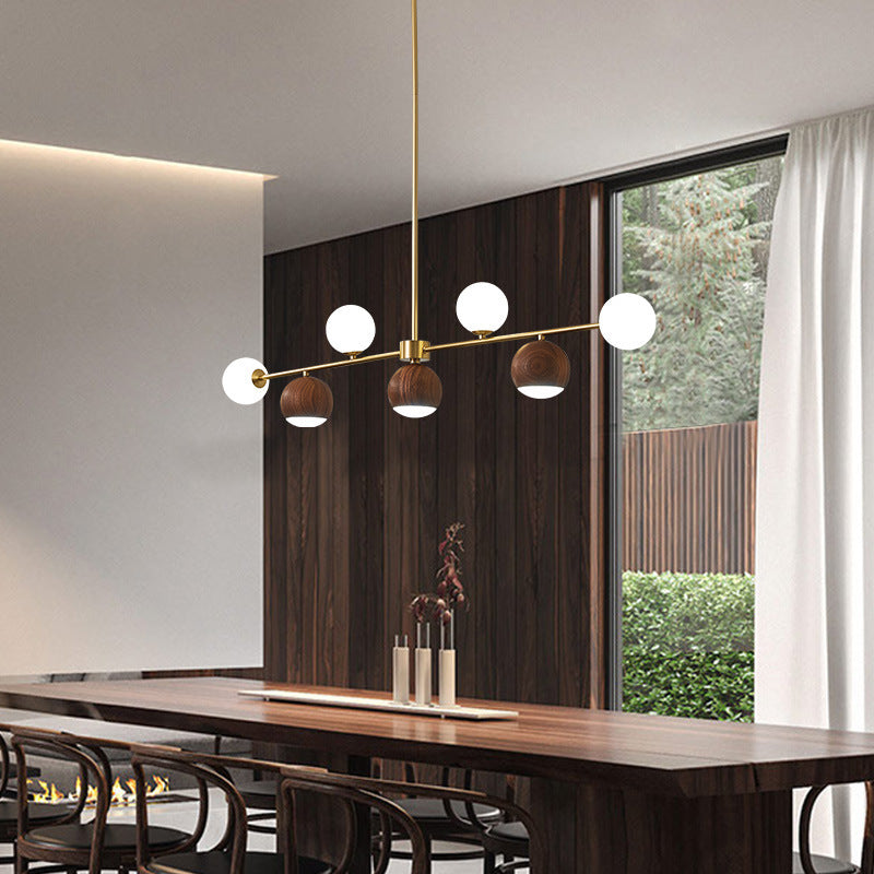 Nordic Walnut Brass Glass LED Chandelier for Dining Room Island Light