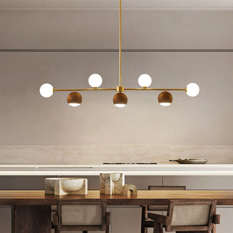 Nordic Walnut Brass Glass LED Chandelier for Dining Room Island Light