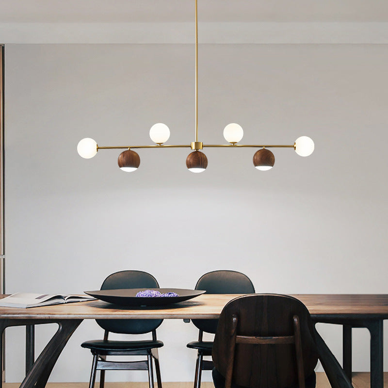 Nordic Walnut Brass Glass LED Chandelier for Dining Room Island Light
