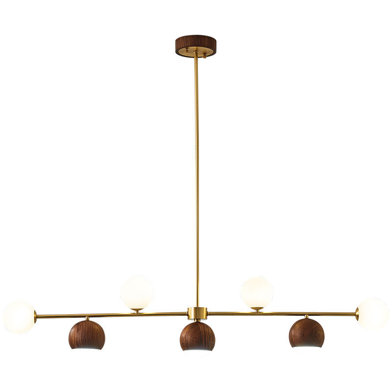 Nordic Walnut Brass Glass LED Chandelier for Dining Room Island Light