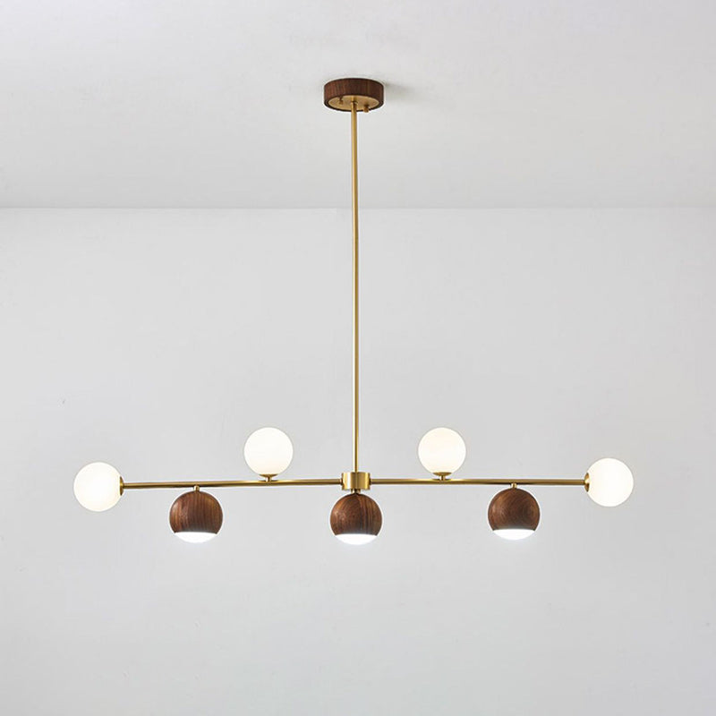 Nordic Walnut Brass Glass LED Chandelier for Dining Room Island Light