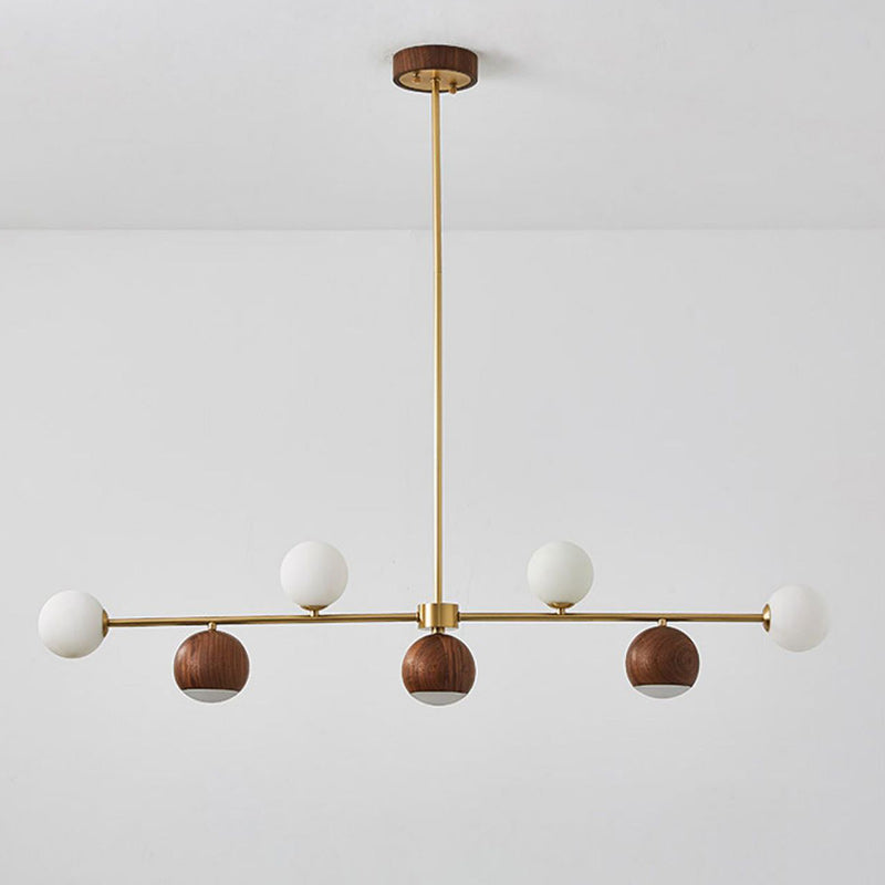 Nordic Walnut Brass Glass LED Chandelier for Dining Room Island Light