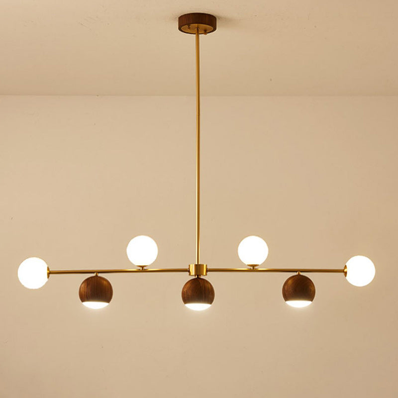 Nordic Walnut Brass Glass LED Chandelier for Dining Room Island Light