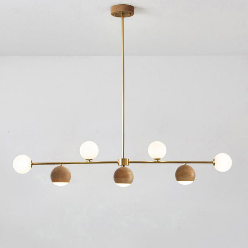 Nordic Walnut Brass Glass LED Chandelier for Dining Room Island Light