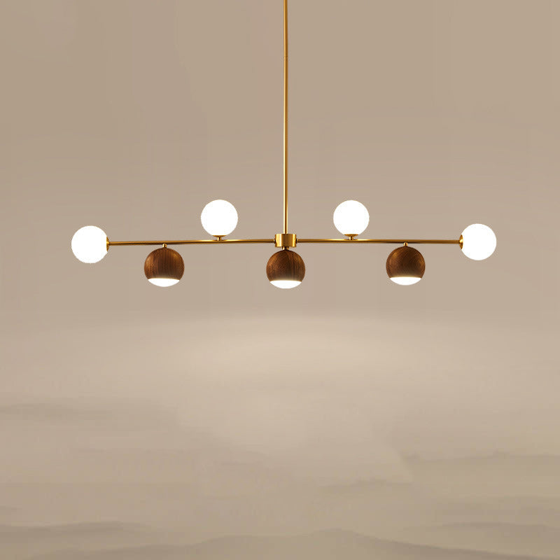 Nordic Walnut Brass Glass LED Chandelier for Dining Room Island Light