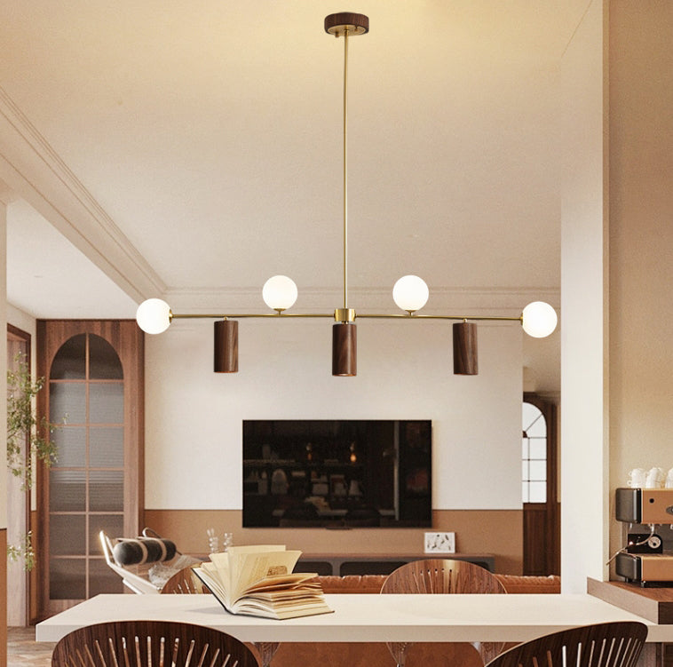 Nordic Walnut Brass & Glass 4-Light Pendant Chandelier for Dining Room