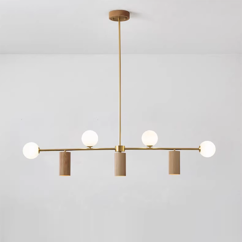 Nordic Walnut Brass & Glass 4-Light Pendant Chandelier for Dining Room