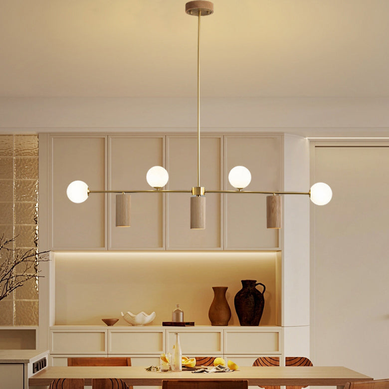 Nordic Walnut Brass & Glass 4-Light Pendant Chandelier for Dining Room