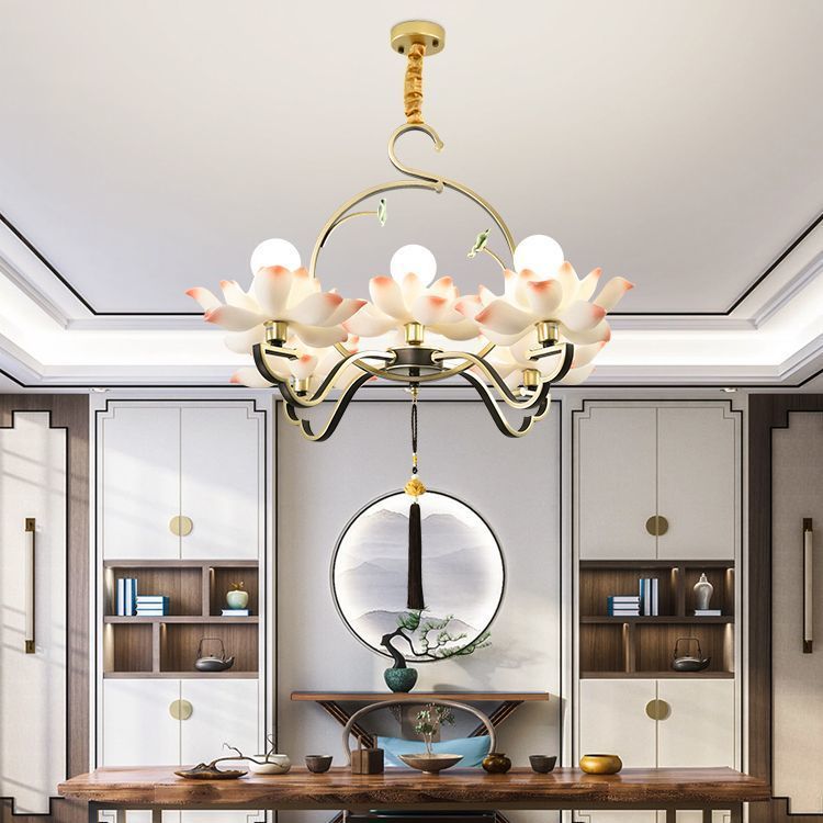 Elegant Lotus-Shaped Iron and Acrylic Chandelier for Bedroom Lighting