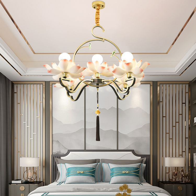 Elegant Lotus-Shaped Iron and Acrylic Chandelier for Bedroom Lighting