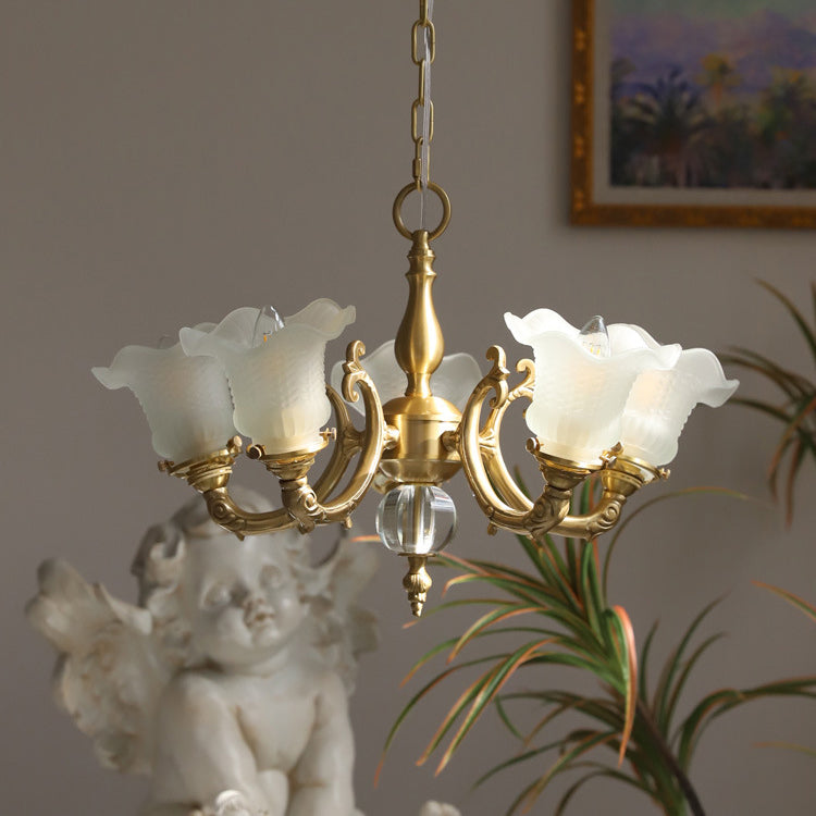 Elegant Brass Floral Chandelier with Curved Glass Accents for Living Room