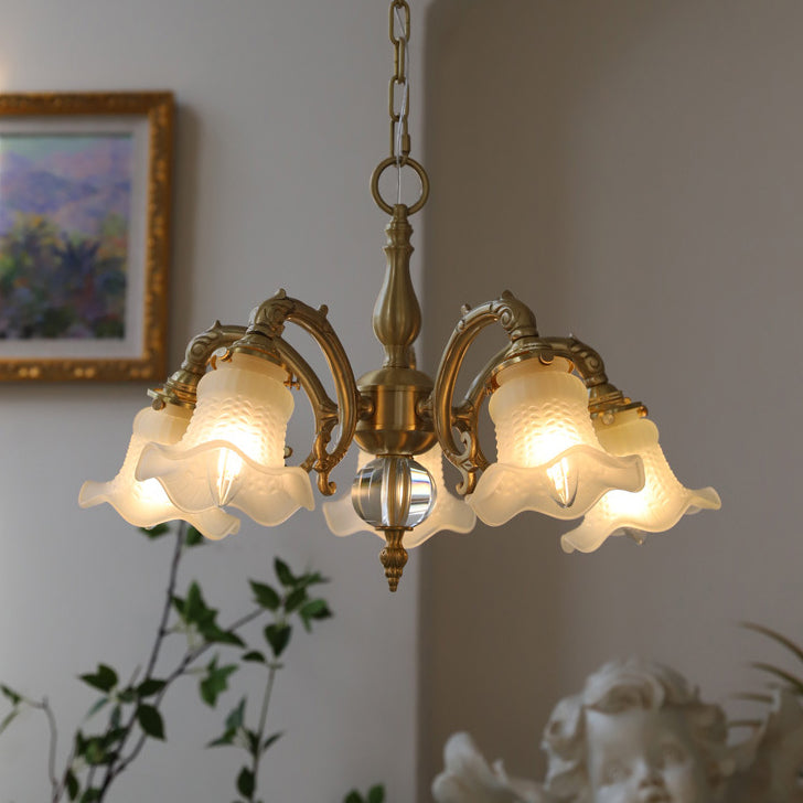 Elegant Brass Floral Chandelier with Curved Glass Accents for Living Room