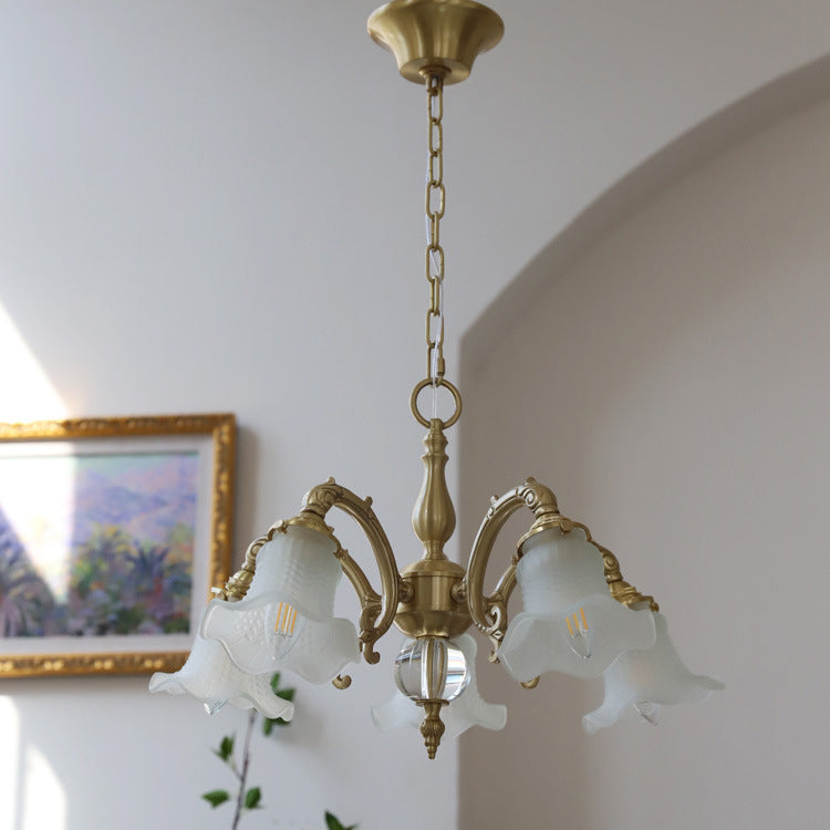 Elegant Brass Floral Chandelier with Curved Glass Accents for Living Room
