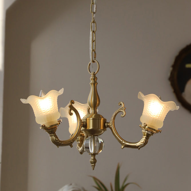 Elegant Brass Floral Chandelier with Curved Glass Accents for Living Room