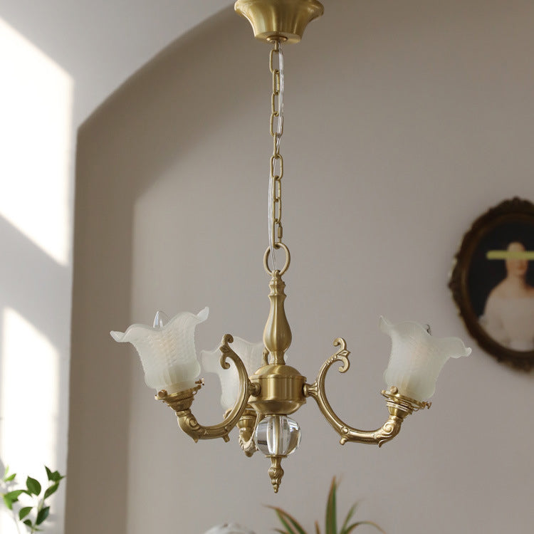 Elegant Brass Floral Chandelier with Curved Glass Accents for Living Room