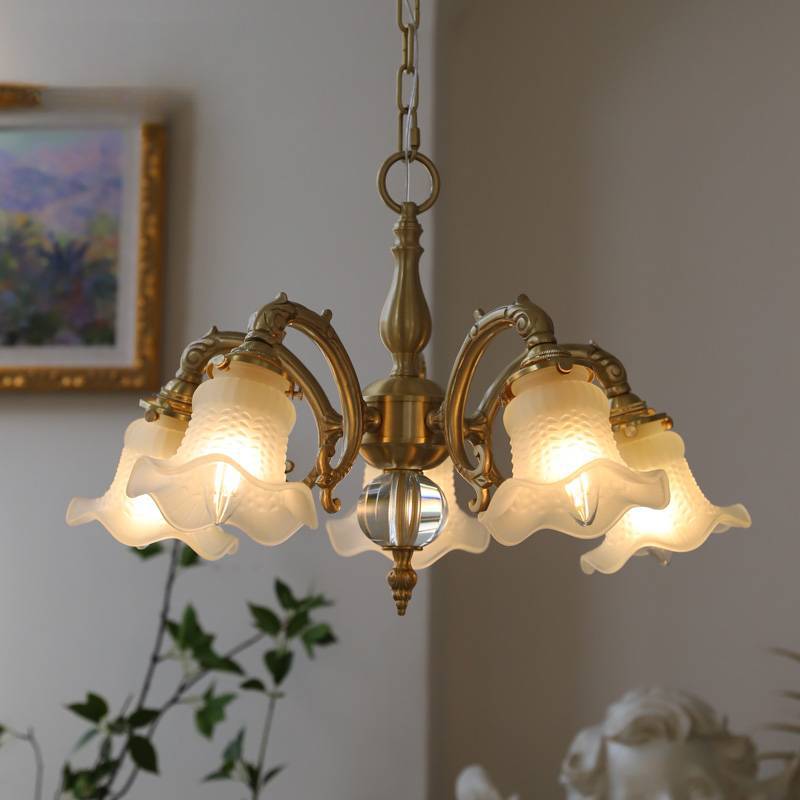 Elegant Brass Floral Chandelier with Curved Glass Accents for Living Room